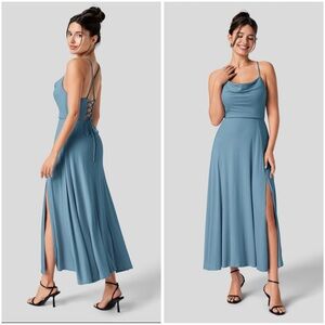 Halara Ribbed Cowl Neck Backless Crisscross Lace Up Split Midi Party Dress